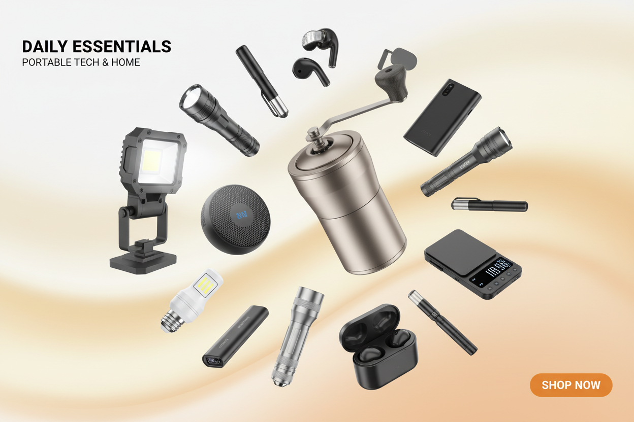 Create a modern and attractive ecommerce website banner showcasing a variety of portable home and electronic products. Include items like a coffee grinder, rechargeable work light, USB LED bulb, flashlights, and other daily-use smart gadgets. Use a bright and clean background with warm colors. The design should look professional, premium, and suitable for an online shopping website.